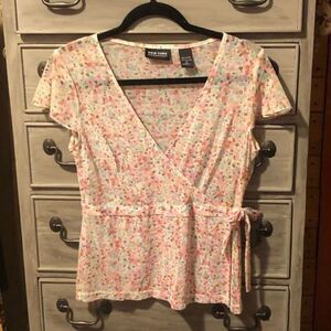 New York & Company Floral Sheer Wrap Top Small